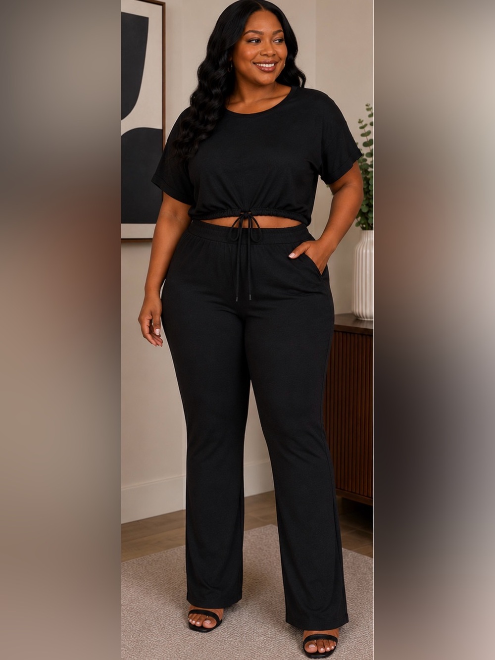 Plus Size Black Wide-Leg Lounge Set